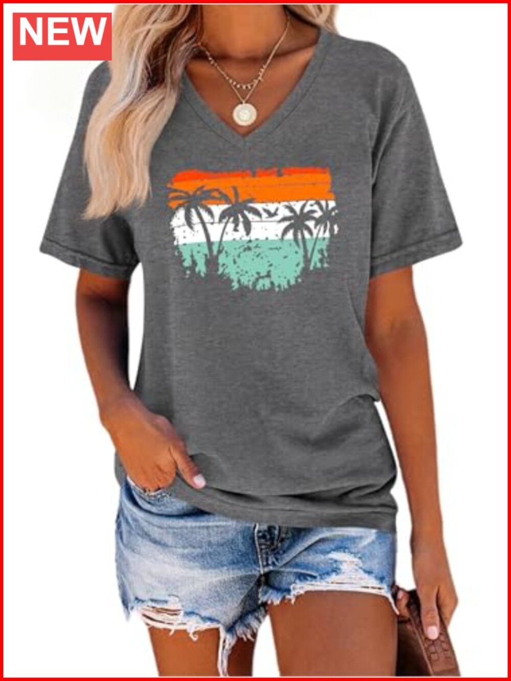 Women's V-Neck Graphic Tee with Coconut Tree Print Long Sleeve Casual Summer